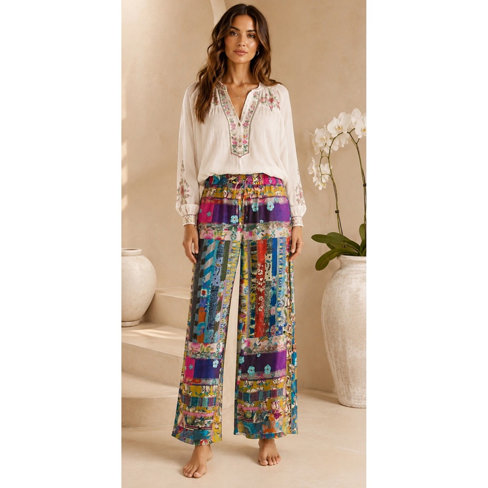 Johnny Was Mixed Media Print Silk Blend Wide Leg Pants Blue Floral  XL